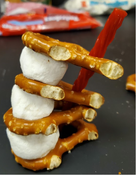 A spine made of pretzels and marshmallows 